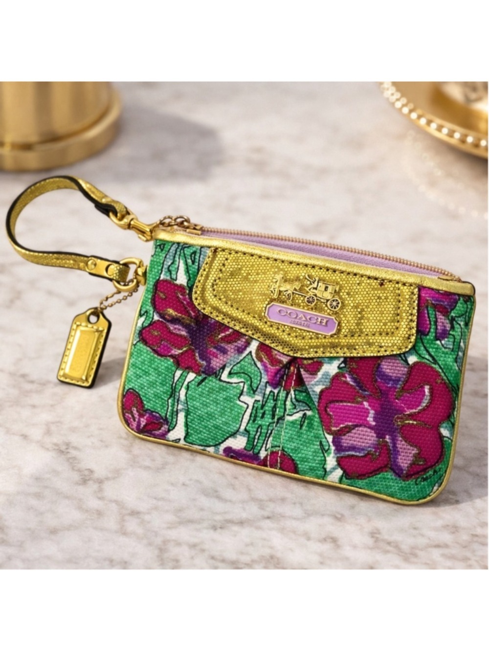 COACH Vintage Ashley Iris Collection Wristlet – Floral Print with Gold Accents